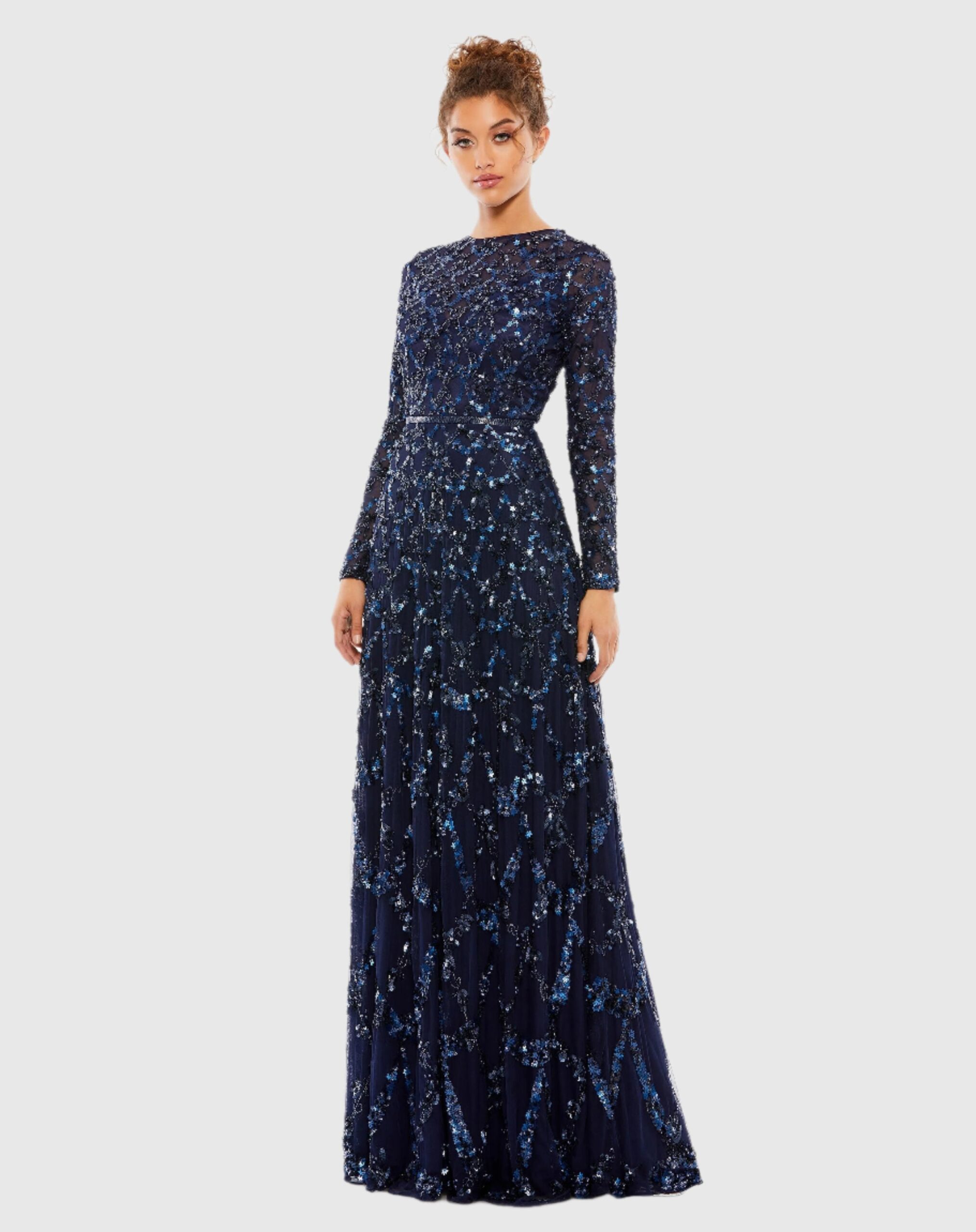 Embellished Illusion High Neck Long Sleeve A Line Gown Borderfree