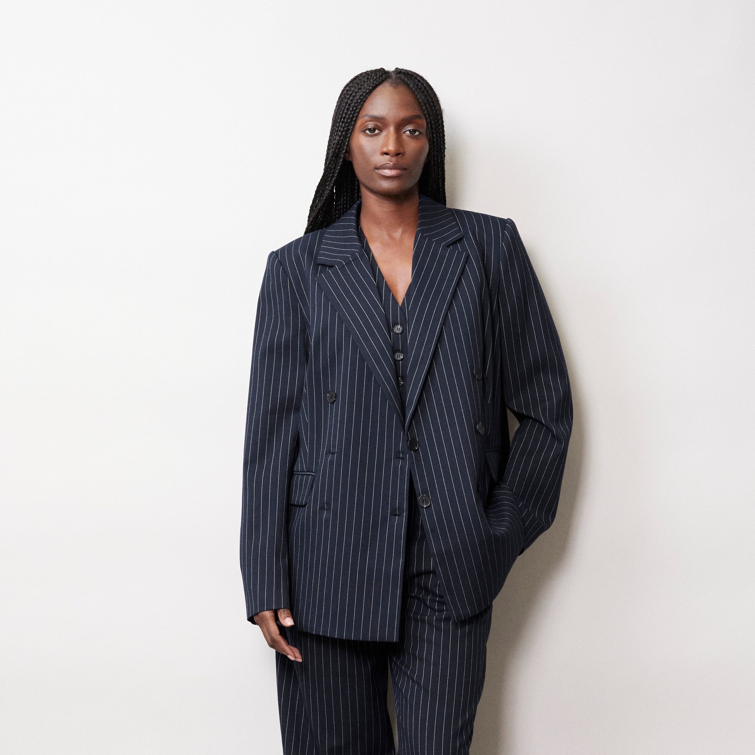 Navy pinstripe jacket best sale