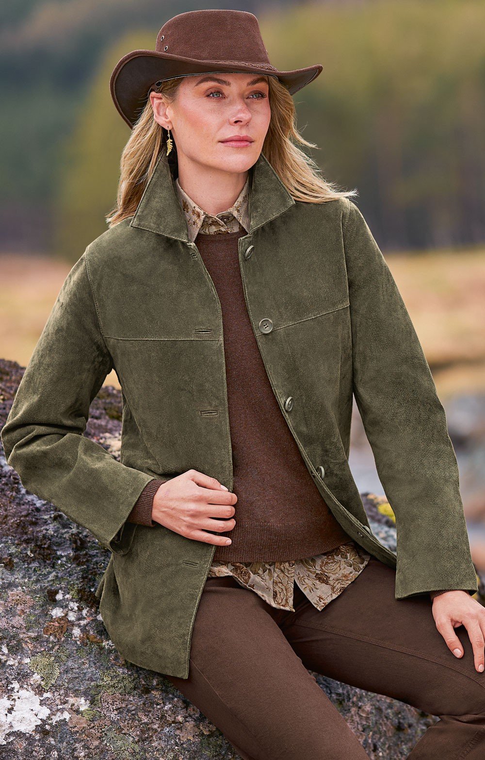 House of Bruar Ladies Classic Suede Jacket Olive Borderfree