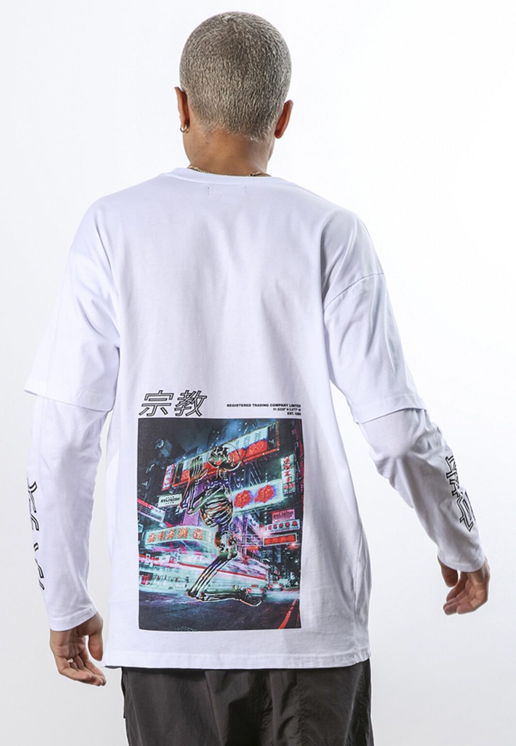 NEON DOUBLE SLEEVE T SHIRT WHITE Borderfree